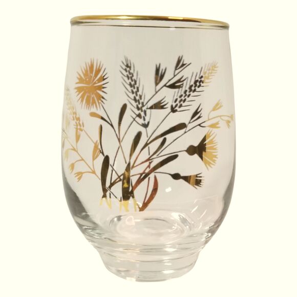 Vintage Set 4 Libbey Roly Poly Golden Wheat & Flower Drinking Glasses Tumblers - Picture 4 of 5